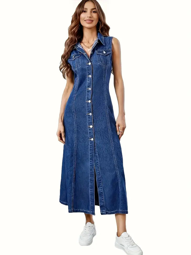 Stretchy Sleeveless Denim Midi Dress with Classic Collar