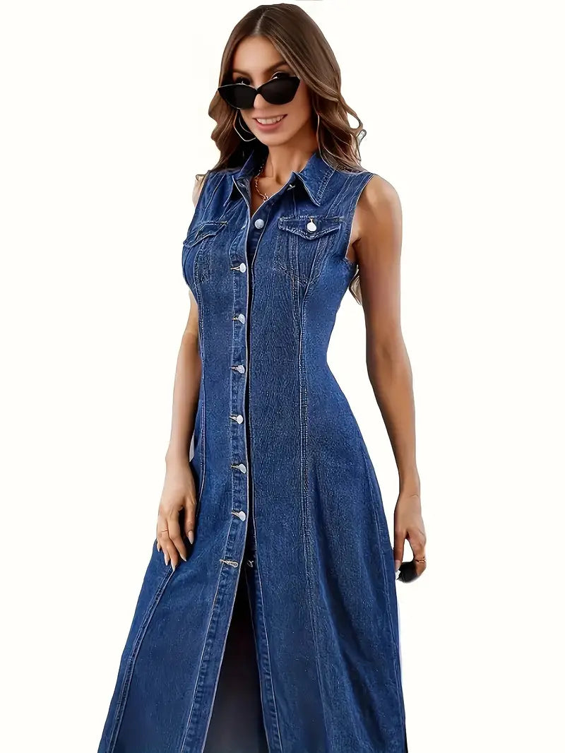 Stretchy Sleeveless Denim Midi Dress with Classic Collar