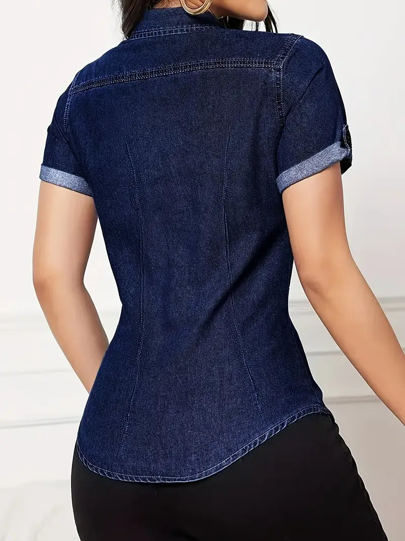 Women's Classic Blue Casual Shirt - Summer Short Sleeve Button-Up with Chest Pockets