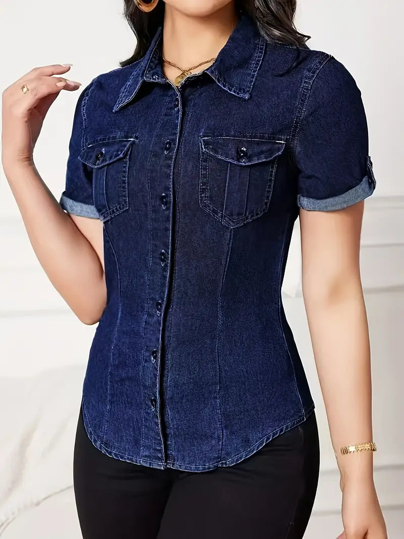Women's Classic Blue Casual Shirt - Summer Short Sleeve Button-Up with Chest Pockets