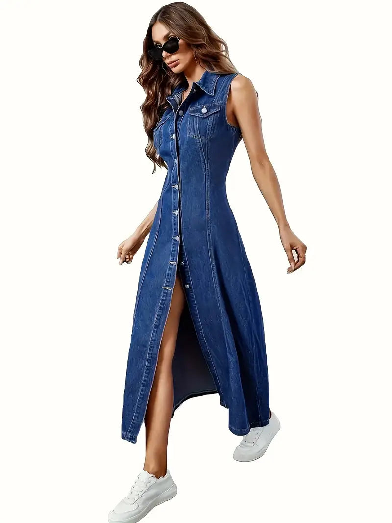 Stretchy Sleeveless Denim Midi Dress with Classic Collar