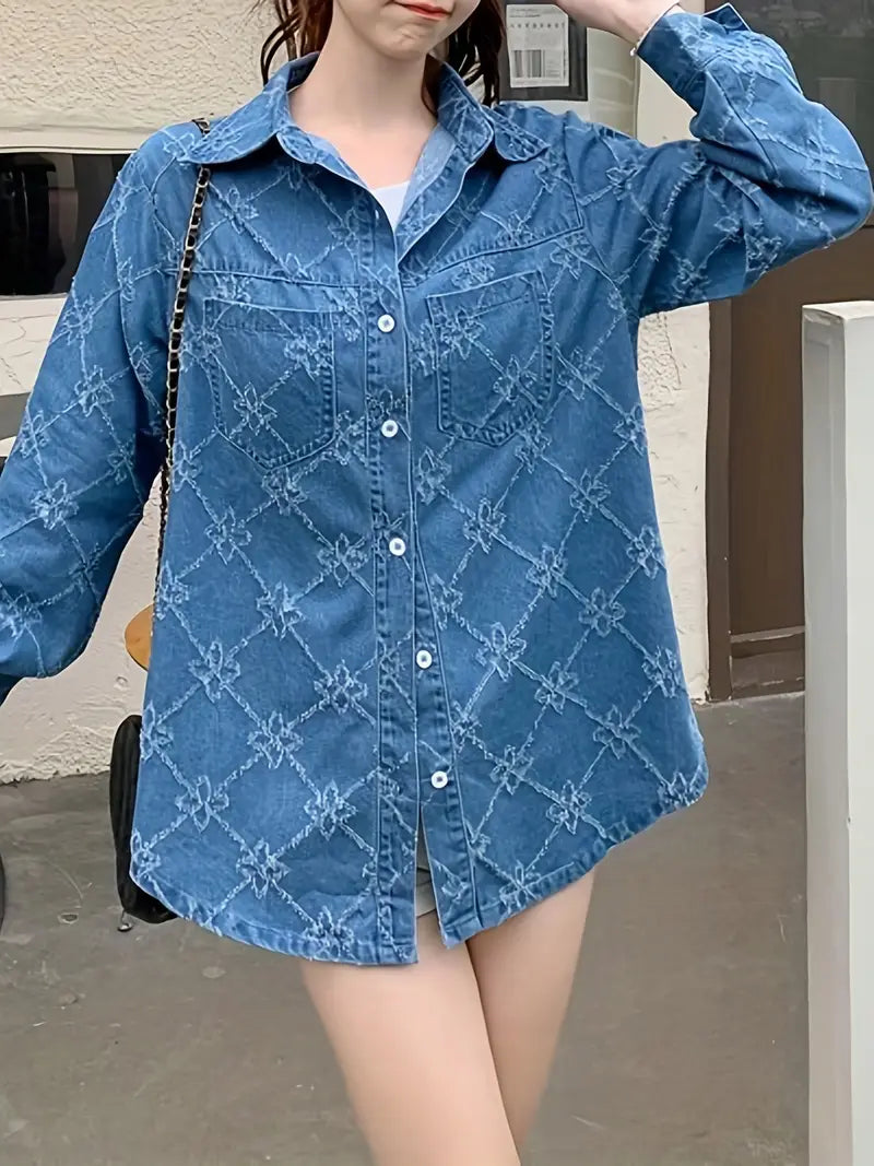 Women's Casual Long Sleeve Textured Fabric Denim Shirt Top
