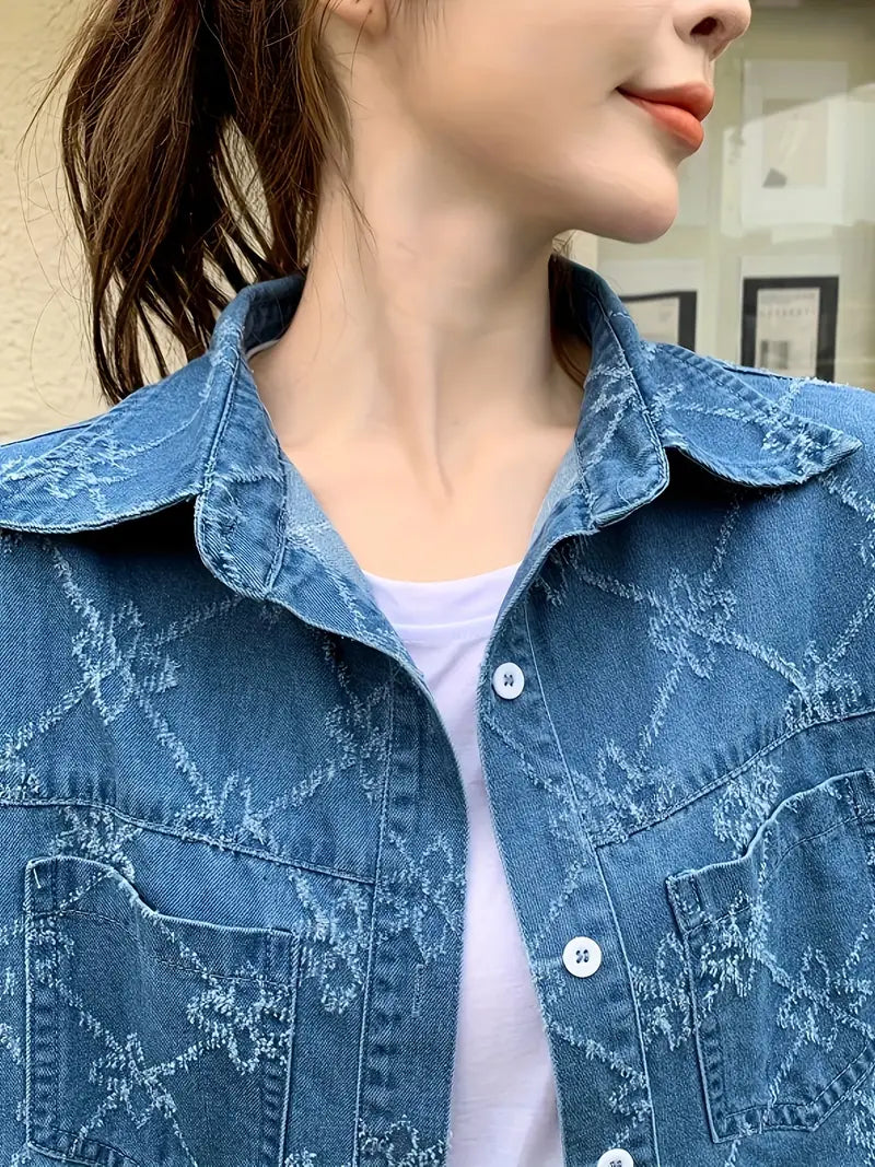 Women's Casual Long Sleeve Textured Fabric Denim Shirt Top