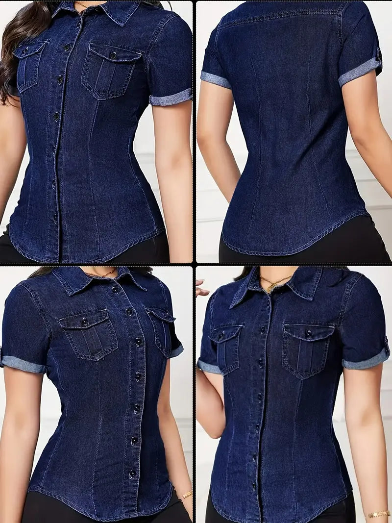 Women's Classic Blue Casual Shirt - Summer Short Sleeve Button-Up with Chest Pockets